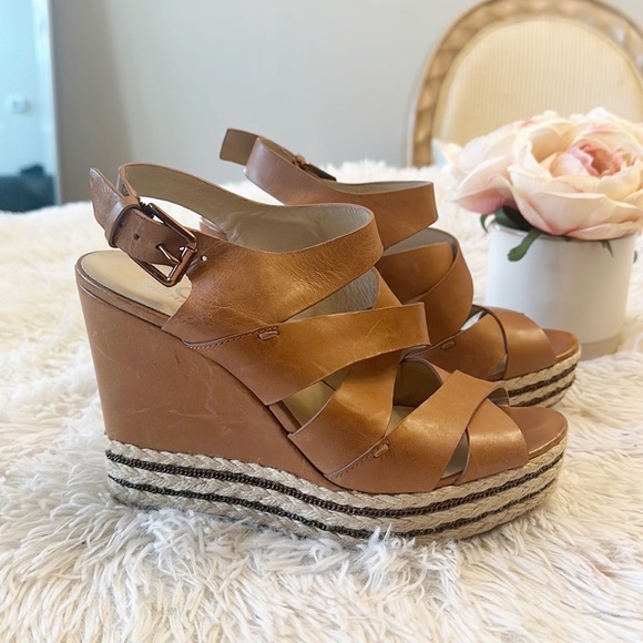 KORS Michael Platform Wedge Tan Leather Sandals women size 7.5 - Picture 1 of 5